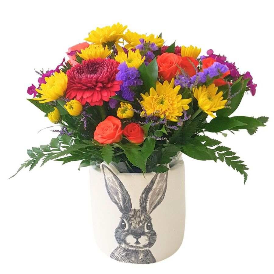 Easter bunny pot filled with flowers