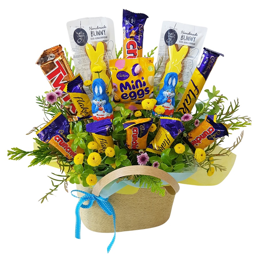 Easter chocolate bouquet basket with Kinder bunnies and Molly Woppy cookies