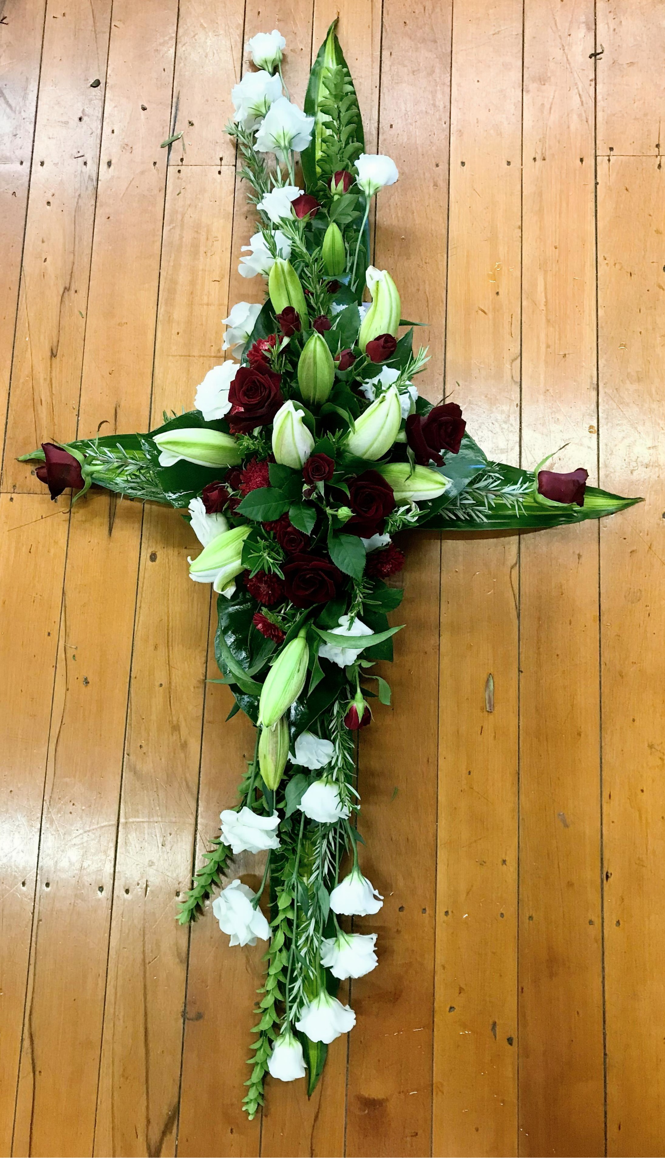 Easter Cross of fresh flowers in white and red roses