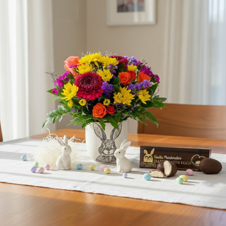 Easter Bunny Flowers with Chocolate Eggs Easter flower delivery Auckland with Potter Brothers marshmallow eggs