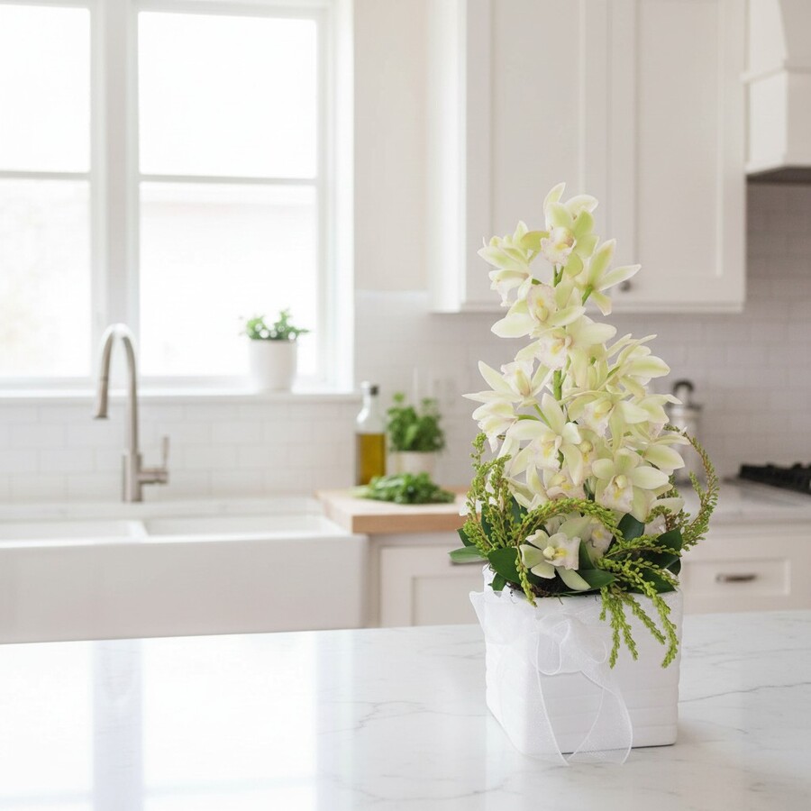 Elegant Orchid Flower Arrangement in Ceramic Pot Vase arrangement of white orchids in styled scene