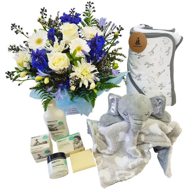 New Baby Boy Bath gift hamper with fresh flowers, baby hooded towel and baby care products