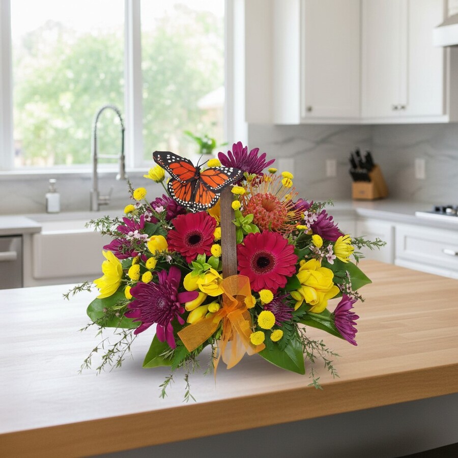 Floral Butterfly Basket Bright floral basket in styled scene
