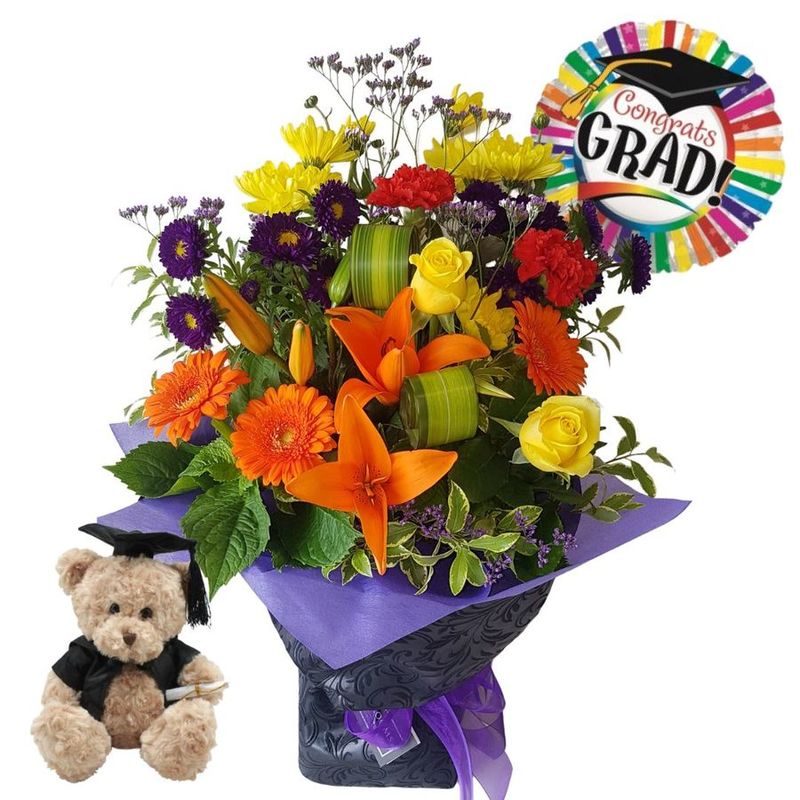 Standard Graduation Bouquet, Balloon and Bear Package