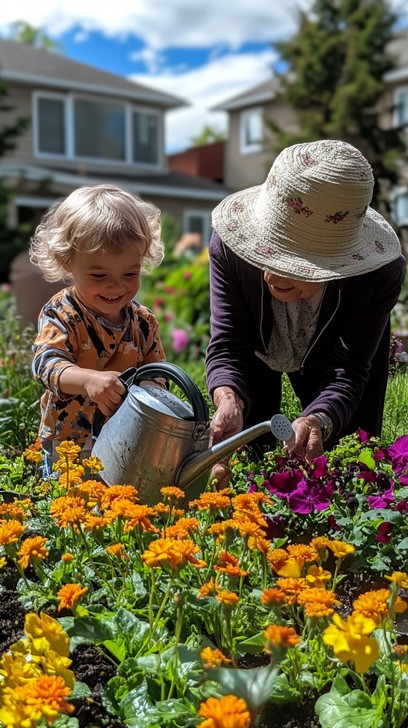 Grandma and child in flower garden