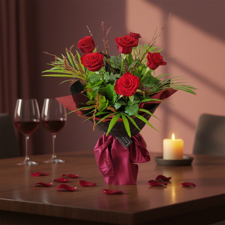 Half dozen red roses bouquet with six NZ-grown long-stem roses, gift-wrapped by Best Blooms Auckland