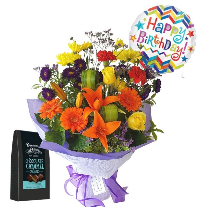 Birthday Flowers and gifts delivered Auckland. Bright flower bouquet, Happy birthday balloon, NZ chocolate caramels., 