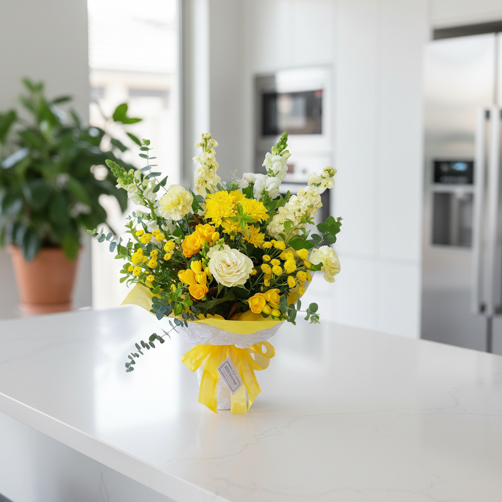 Harmony Bouquet Yellow and white bouquet featuring roses, lilies and fresh seasonal flowers in styled scene