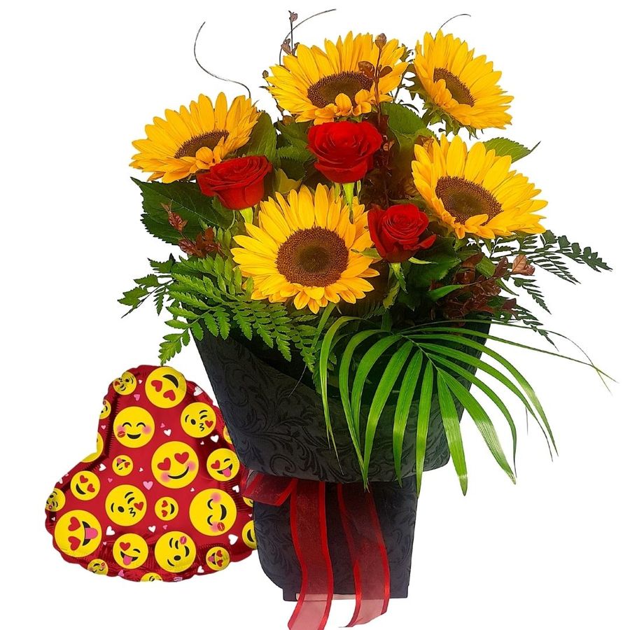 Vox of Sunflowers and Red Roses with Emoji Balloon, 