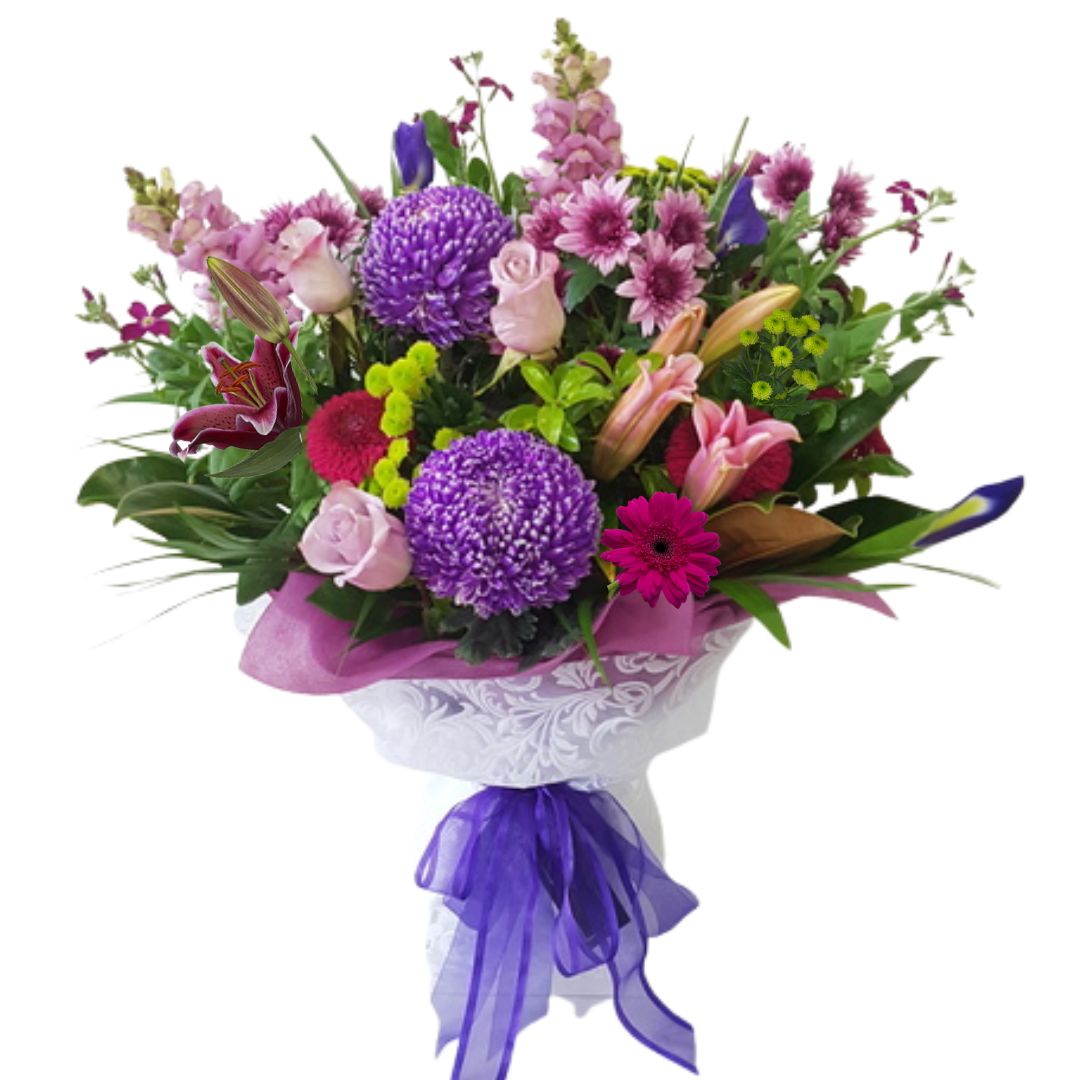 Pink and Purple Flowers in Bouquet with stylish Black Wrapping