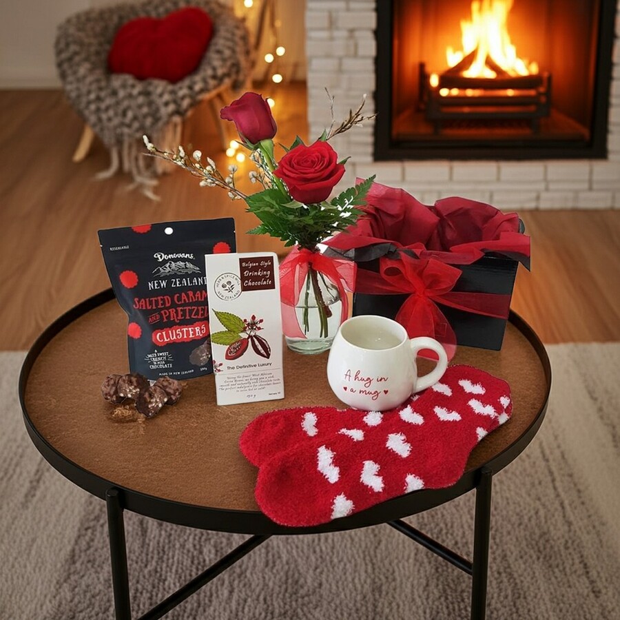 Hug in a Mug rose gift box with red roses mug socks and chocolates