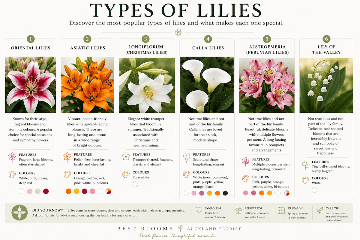 Types of lilies infographic showing Oriental lilies, Asiatic lilies, Longiflorum Christmas lilies, Calla lilies, Alstroemeria and Lily of the Valley