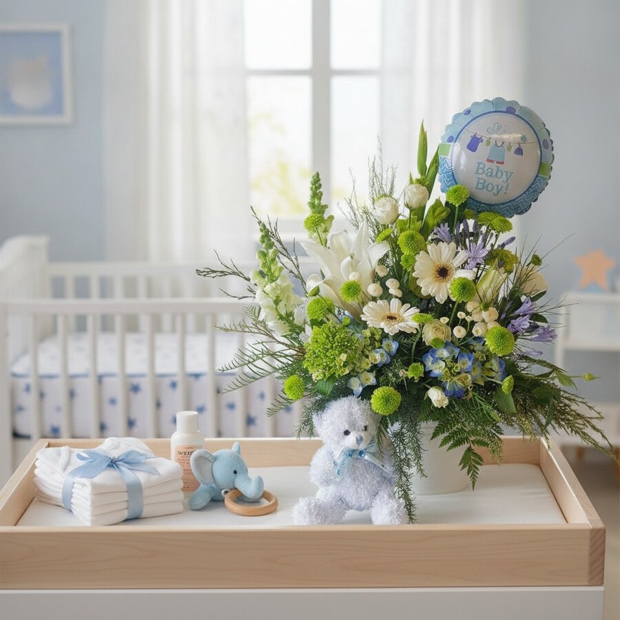 Blue flowers, toy and balloon in baby boy nursery scene