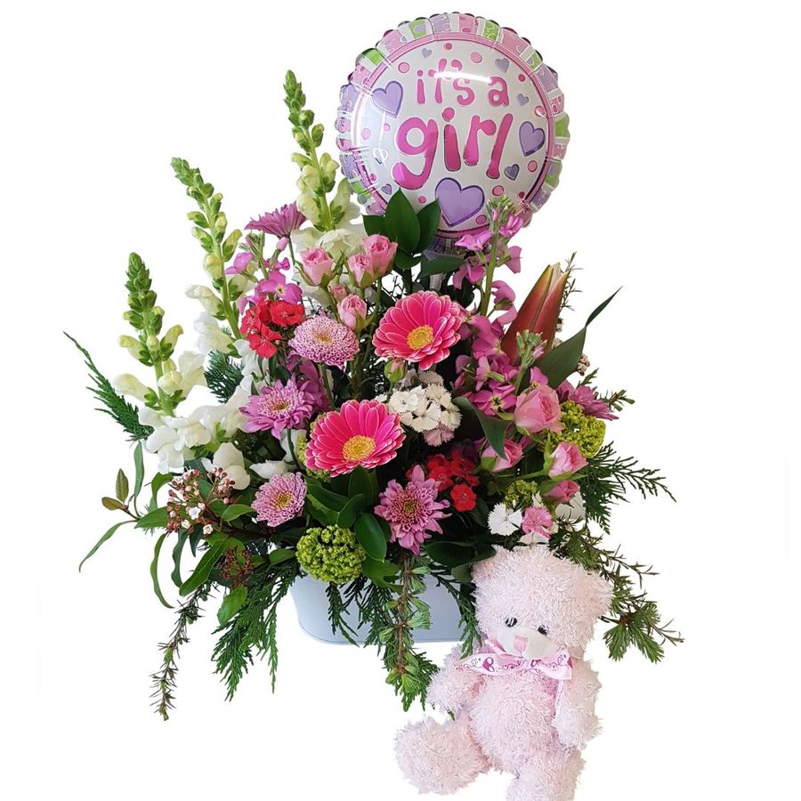 Baby%20girl%20Gift%20Basket%20and%20flowers, 