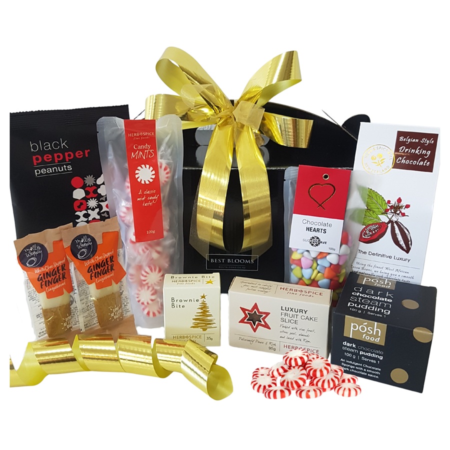 Jingle Bells Christmas Gift Box with NZ treats in black hamper box