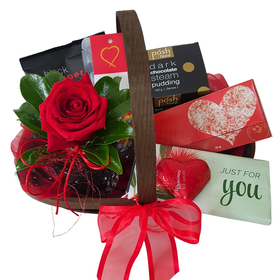 Just For You Gift Basket wooden trug basket full of treats with red rose