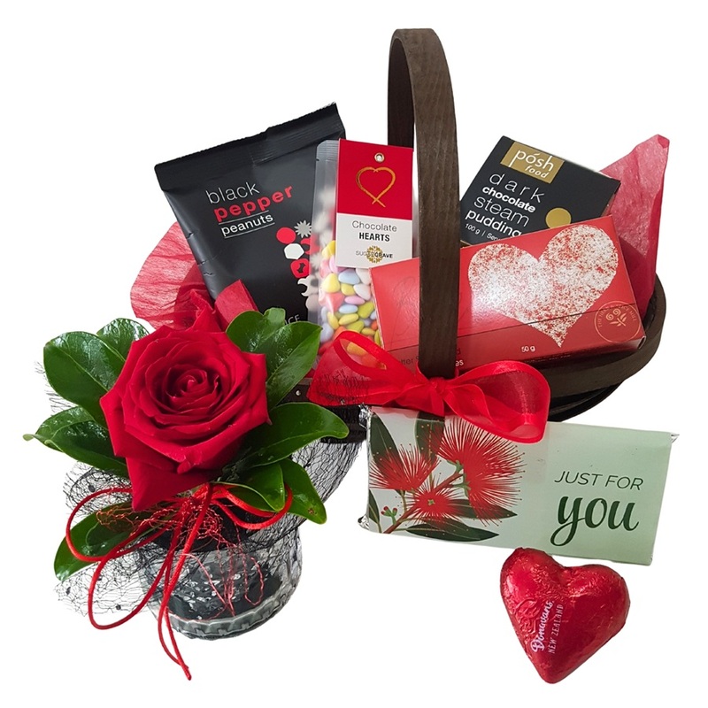 Just For You Gift Basket romantic gift basket with red rose vase