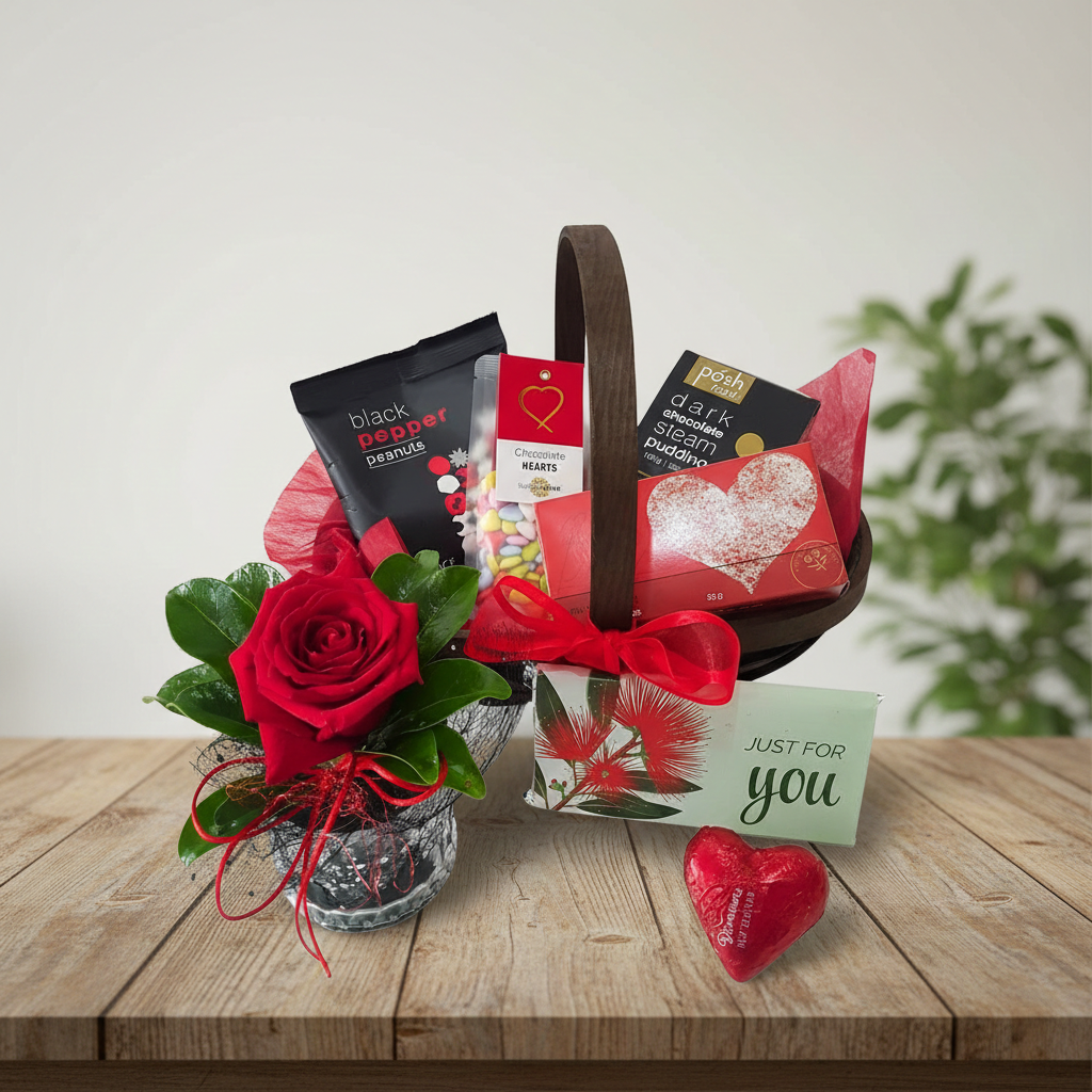 Just For You Gift Basket Wooden trug Valentine’s gift basket with food treats and rose