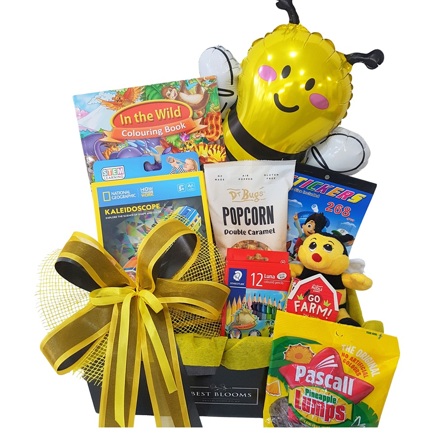Kids Activity Gift Basket with Buzzy Bee toy and balloon