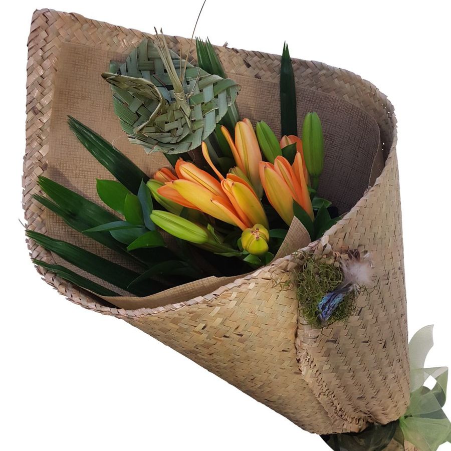 Orange Lilies in harakeke Flax Kete wrap, Woven flax flower, palm leaf.