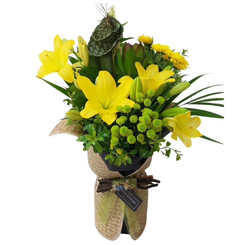 Kowhai-Yellow Bouquet. Native Bouquet in Flax Kete Wrap. Paua Shell Decoration Trim.