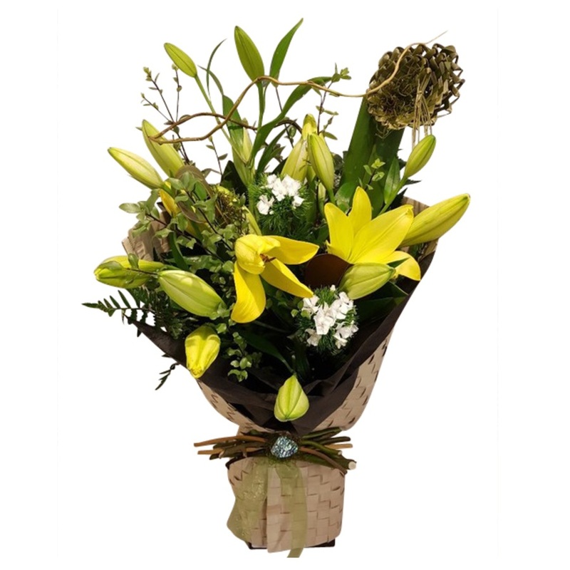 Kowhai-Yellow Bouquet in Flax Kete Wrap. Paua Shell Decoration Trim.
