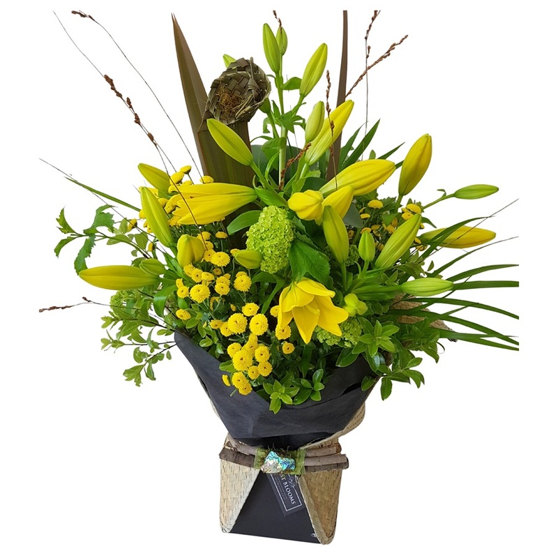 Kowhai-Yellow Bouquet. Native Bouquet in Flax Kete Wrap. Paua Shell Decoration Trim.