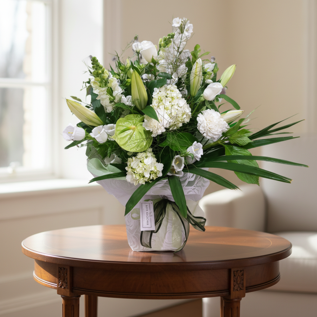 Premium size white peace bouquet in styled scene Auckland Delivery.