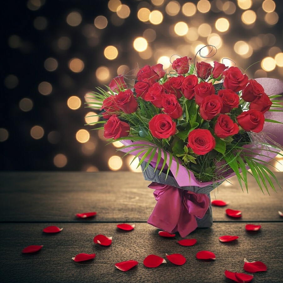 2 Dozen red rose bouquet in romantic styled scene with bokae background