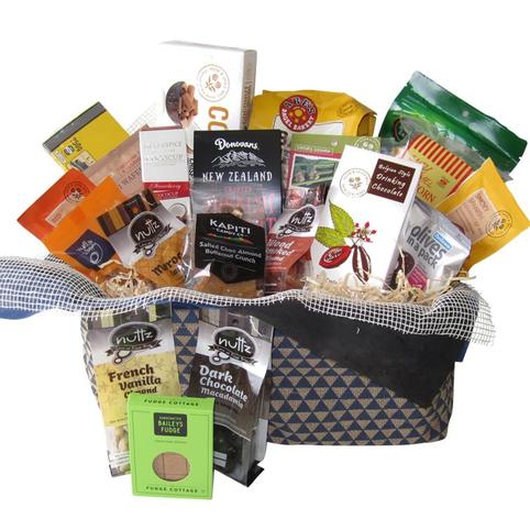 close up showing gourmet products included in gift basket