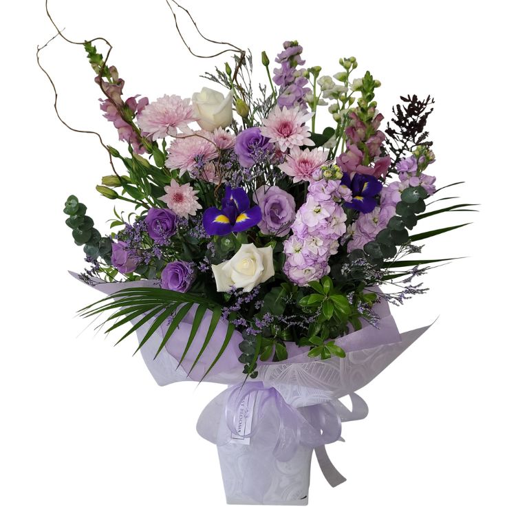 Pastel Bouquet of Mauve Blooms, Lilacs and Lavender Flowers with touches of Purple Iris Flowers.