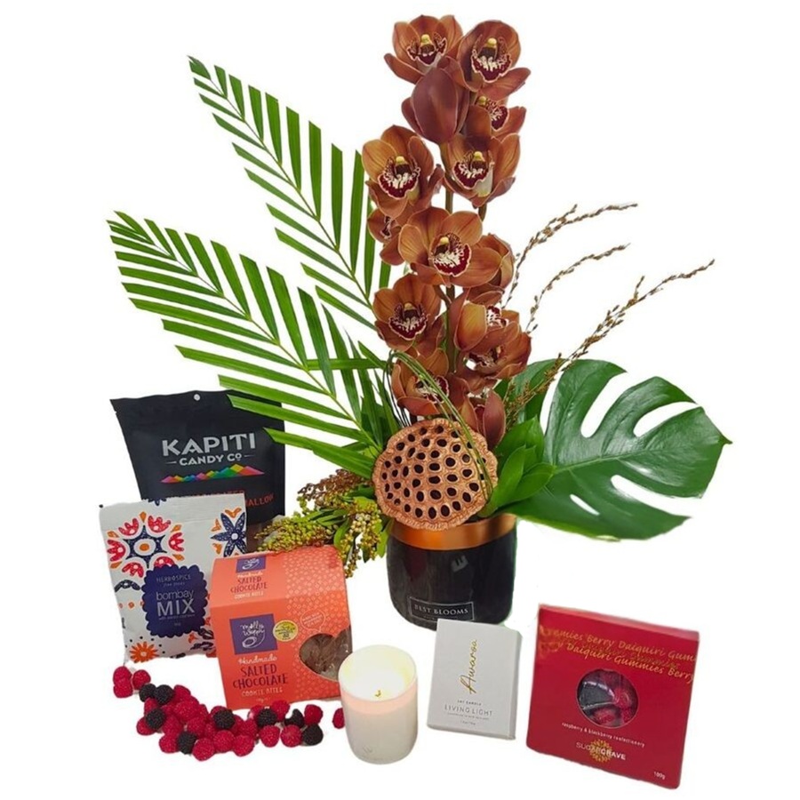 Love Orchids Gift Box Cymbidium orchid gift box with candle and gourmet treats