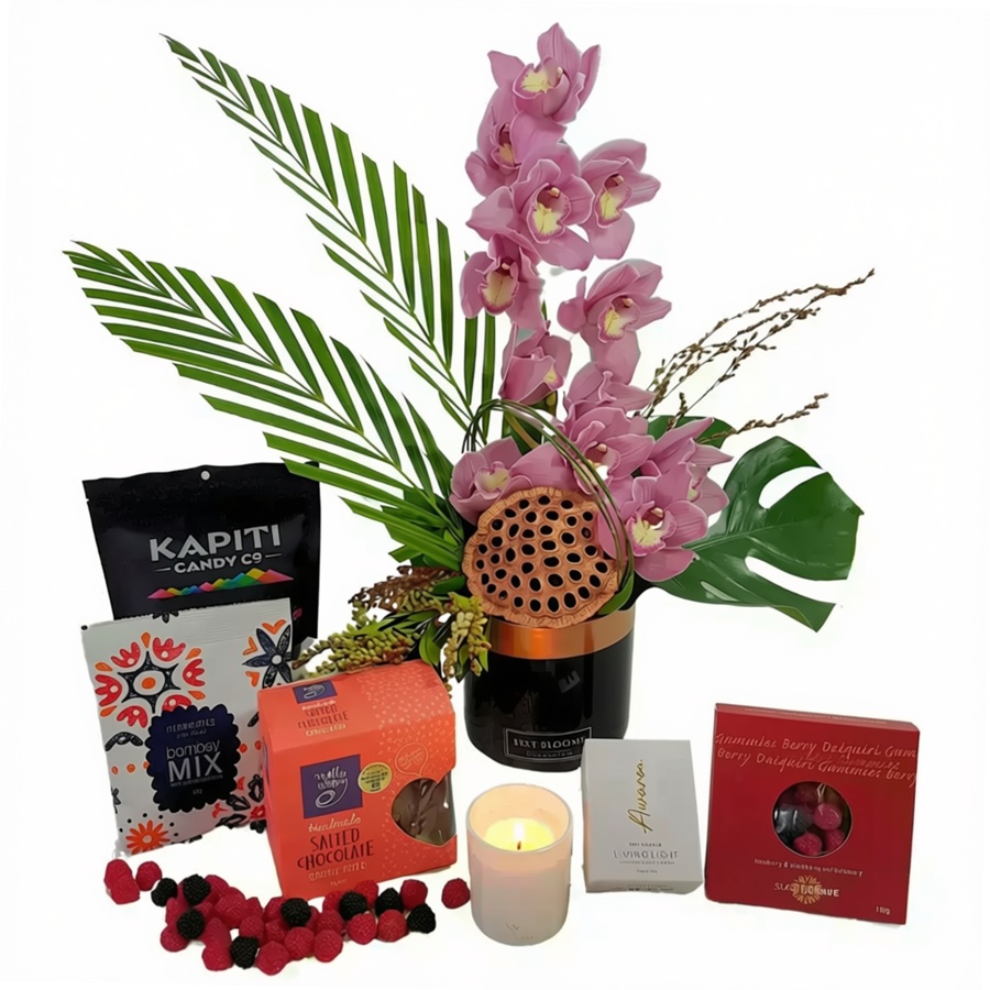 Love Orchids Gift Box fresh cut orchid arrangement with tasty treats and candle