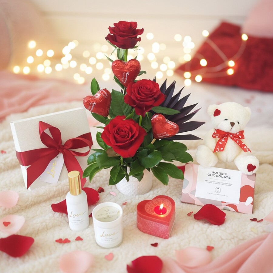 Valentine’s red rose gift hamper with scented candles and chocolates in styled scene
