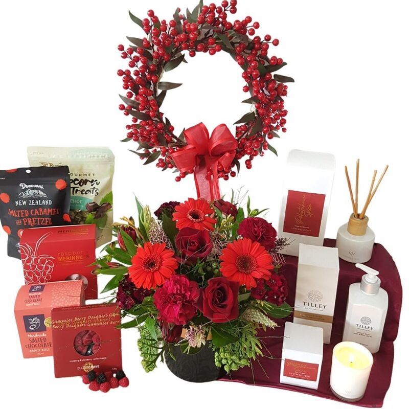 extra large Christmas hamper including flowers wreath snacks and pohutukawa scented products