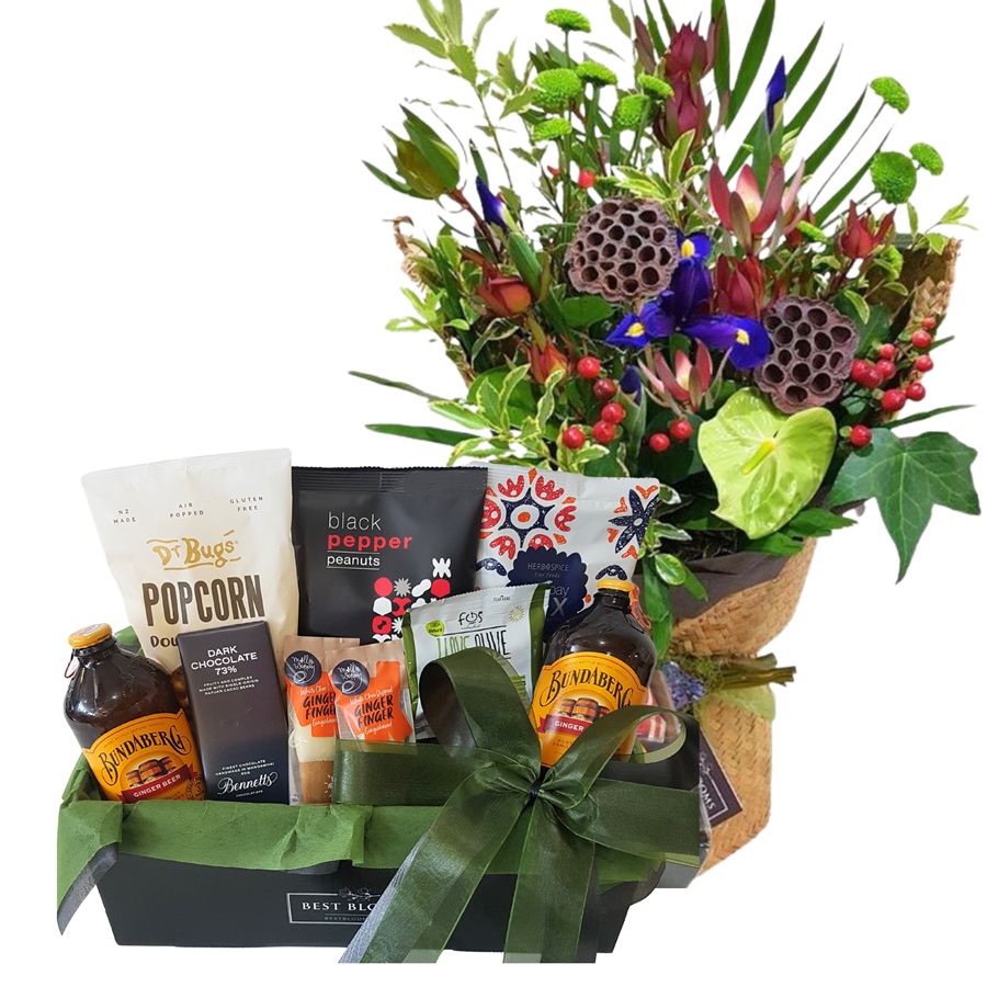 Upgraded Man Gift Box with Native Flower Bouquet in Flax Kete Wrap