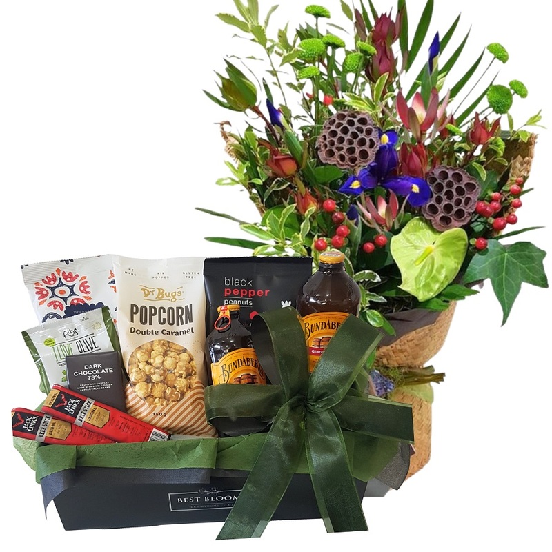 Upgraded Man Gift Box with Native Flower Bouquet in Flax Kete Wrap