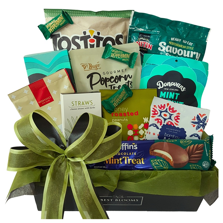 Mint Chocolate Gift Box with gourmet mint chocolates, sweet treats and savoury snacks in green presentation wrapping, delivered across Auckland.