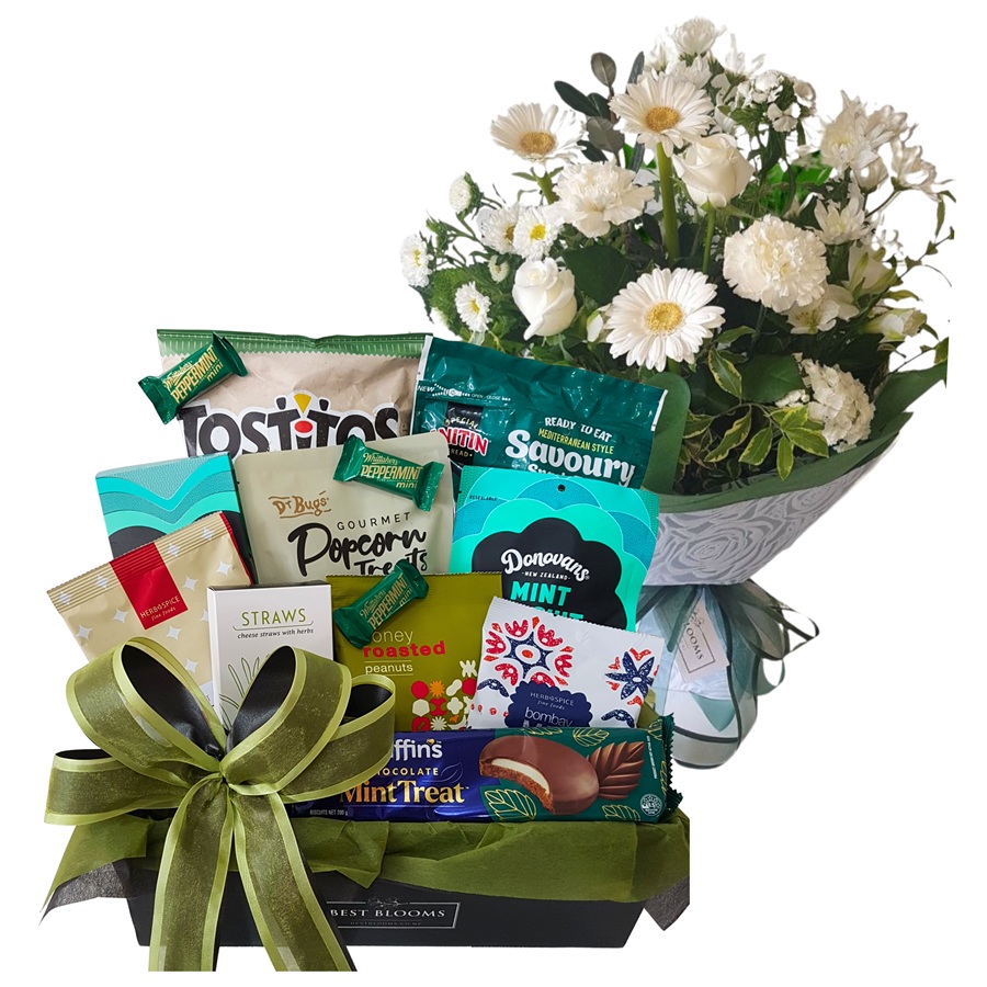 Blooms & Treats Gift Bundle with fresh seasonal bouquet and gourmet Mint Chocolate Gift Box, available with free delivery across Auckland.