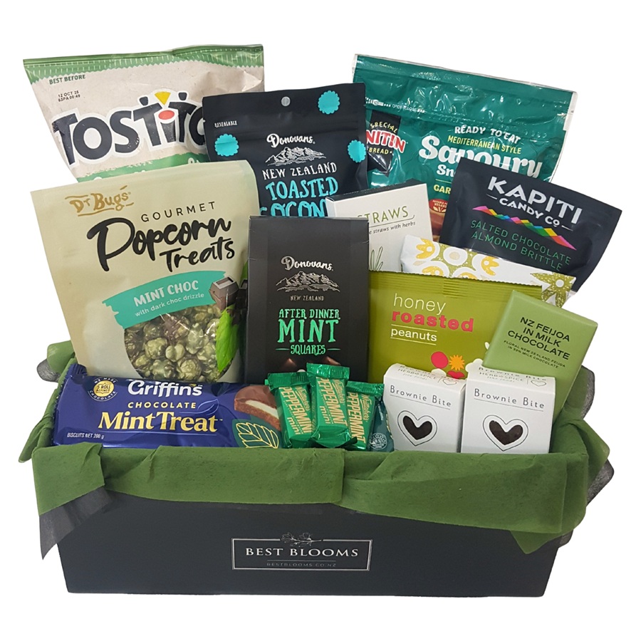 mint chocolate gift box with sweet and savoury treats