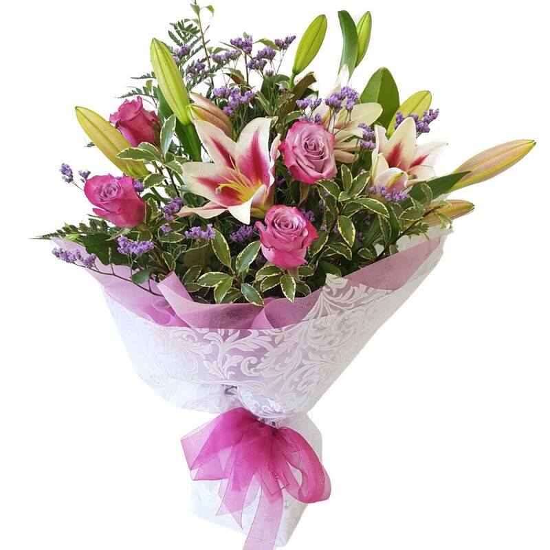 Bouquet of Pink Lilies and Mauve Roses Auckland NZ.