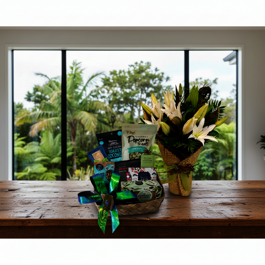 NZ Blue Kete Gift Basket paired with a coordinated fresh flower bouquet displayed in home.