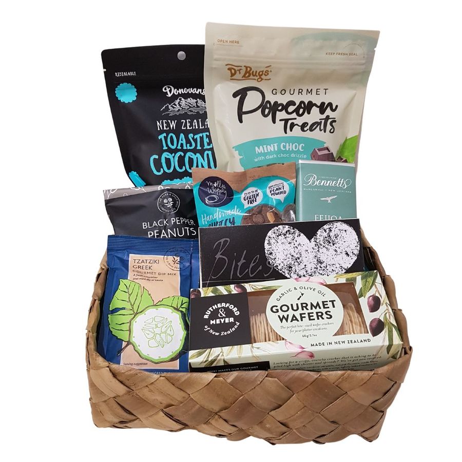 close up of healthy products included in gift basket