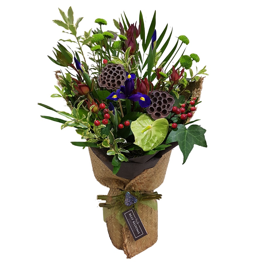 Eco Conscious Flowers for him. Native flowers in Kete Wrap