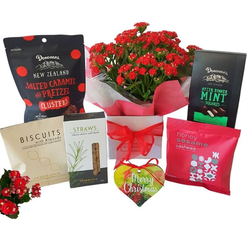 Christmas hamper with red flowering kalanchoe and New Zealand goodies