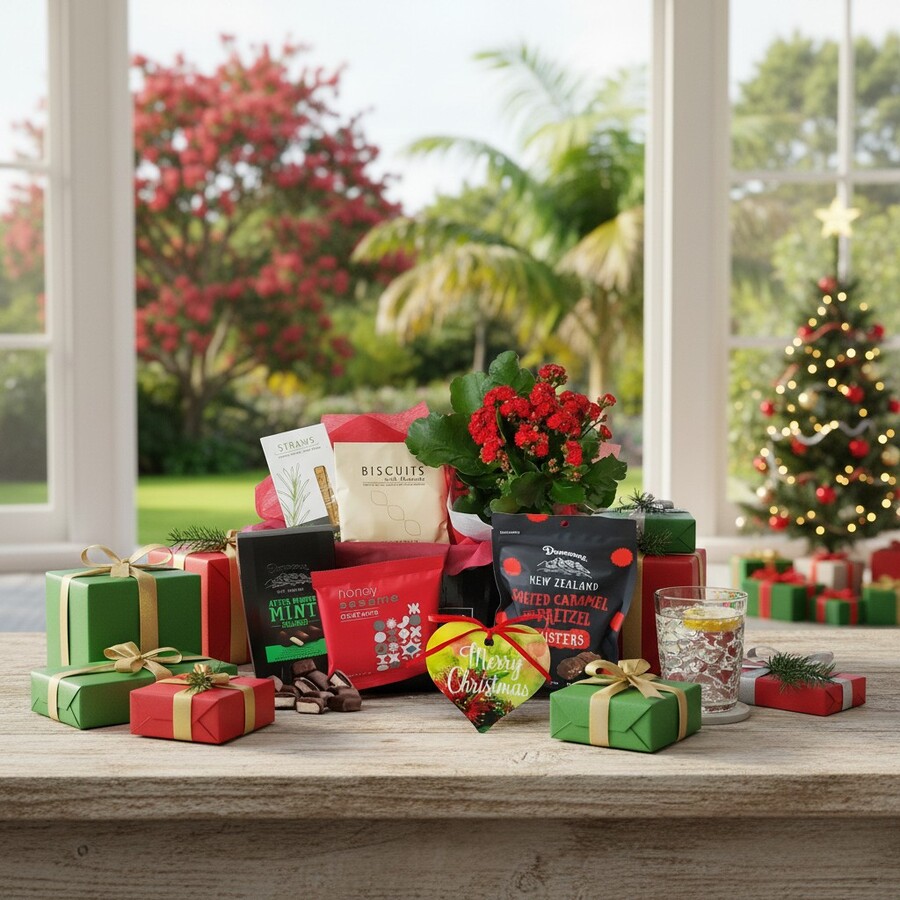 Christmas Plant Hamper, Nuts, Chocolates and Goodies in Festive Scene Setting.