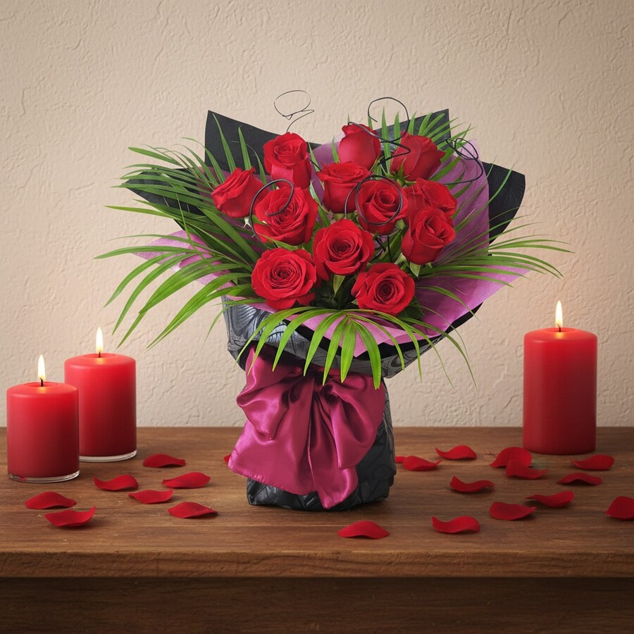 One dozen red roses in styled scene