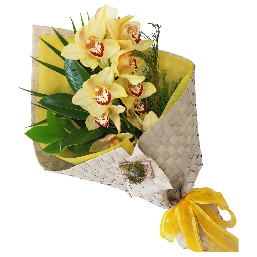 N.Z. Yellow Cymbidum Orchid in Kete Wrap