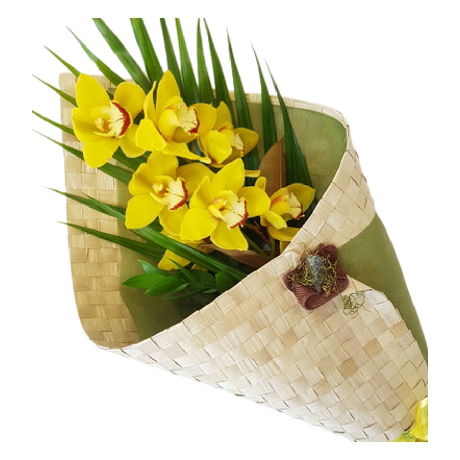 N.Z. Yellow Cymbidum Orchid in Kete Wrap