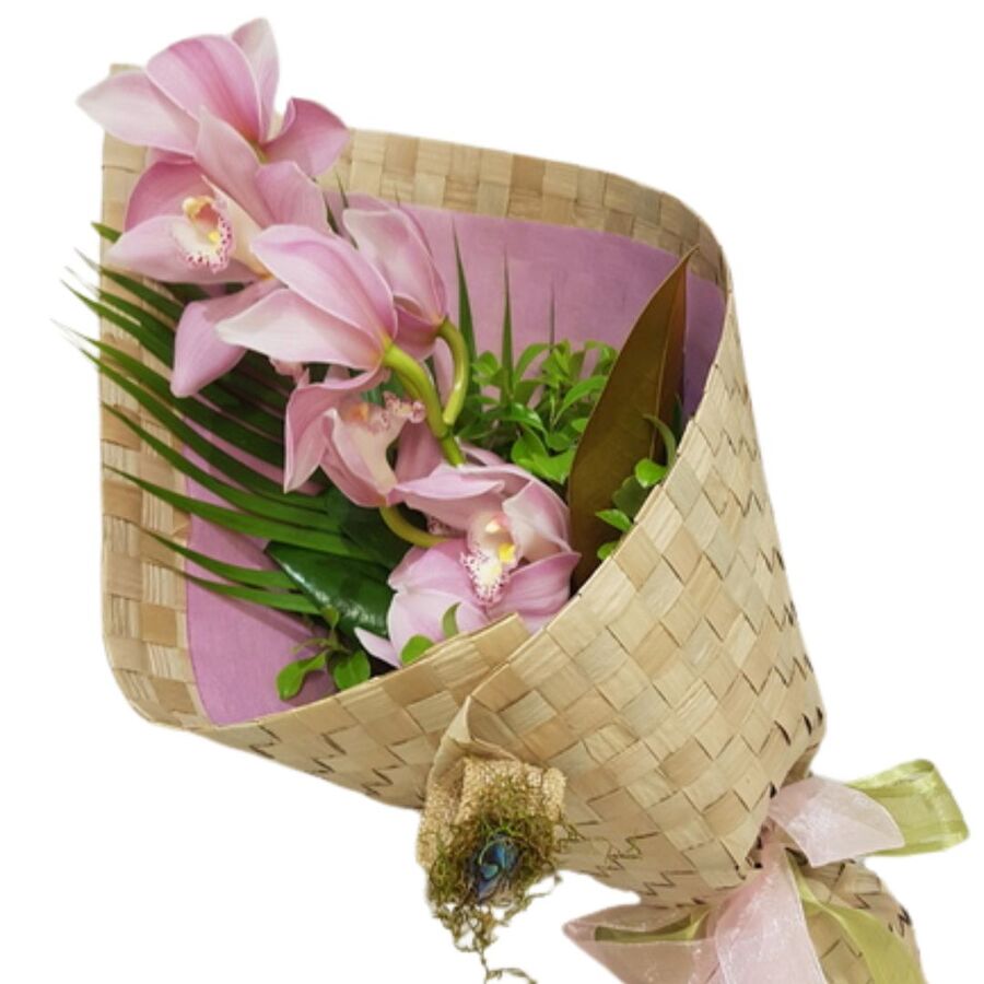 N.Z. Yellow Cymbidum Orchid in Kete Wrap